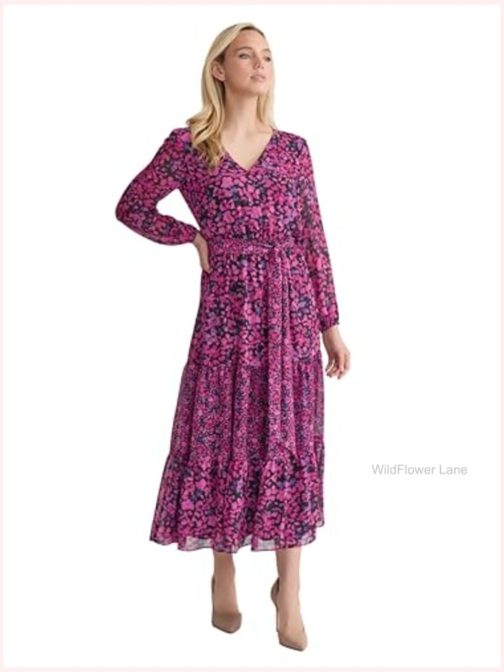 Printed V-Neck Maxi Dress with Pockets - Picture 3 of 3
